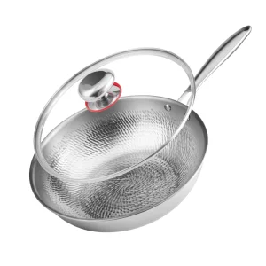 Professional 5-Ply Stainless Steel Wok Uncoated Nonstick Design Deepened Pan Glass Lid 3-6L Capacity Gas Induction Cooker