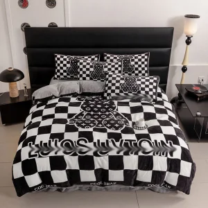 Desiqner Brand Black White Grid Winter Warm Milk Fleece Bed Linens Duvet Cover 4PCS Bedding Set Quilt Cover Bedding Set