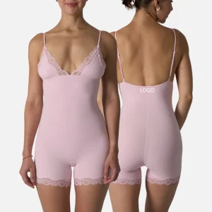 SK1296 Women's Lace Trim V-Neck Spaghetti Strap Bodysuit Shorts Sheer Breathable One Piece Romper Yoga Workout Activewear