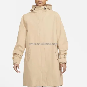 LMY331 Knee Length Parka Female Woven Recycled Snap Pockets Flap Zipper Front Coat