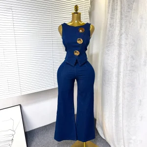 Conjunto Elegante de Top Sem Mangas em Denim e Calças Jeans de Cintura Alta com Pernas Largas para Mulheres, Gola Redonda, Botão de Metal, Roupa Casual em Denim com Ajuste Slim