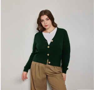 Women's Autumn Winter Green V-neck Cardigan