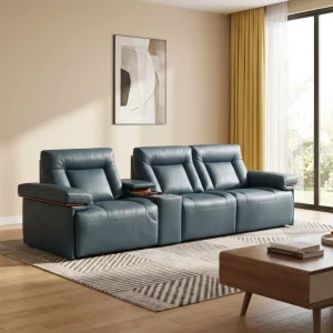 Sofá Recliner Elétrico de Couro Genuíno Contemporâneo 3 Lugares com Armazenamento no Console Ajustável por Energia para Sala de Estar Grande