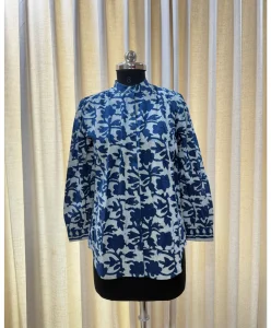 Women Indigo Floral Cotton Shirt Blouse Long Sleeve