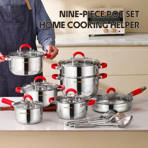 15PCS Manufacturer Direct Sales High-End Stainless Steel Cookware Set, Heat-Resistant Silicone Handle, Universal Compatible Soup Steamer Set