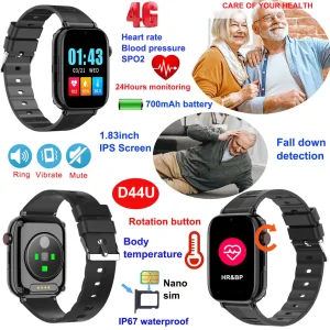4G IP67 Waterproof Healthcare Senior smart GPS Watch with Fall down detection for Father's Day D44U