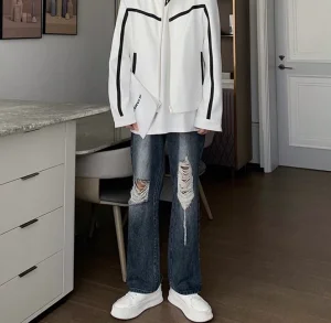 Jeans Masculinos Estilosos e Quentes, Cintura Média, Lavagem Solta, Design com Rasgos no Joelho para Uso Casual de Rua