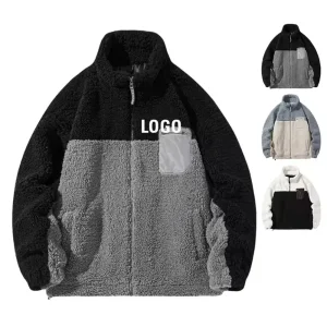 Heavy Lined Colourblock Jacket Custom Wool Sherpa Fleece Zip up Jacket High Quality Flannel Custom Logo Coat