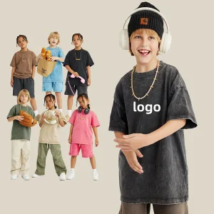 Camiseta de algodón lavada a la moda para niños de verano personalizada al por mayor 270GSM 100% Camiseta para niños con hombros caídos, camiseta vintage de lavado ácido para niños y niñas