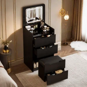 High-End Black Bedroom Vanity Table-Flip-Top Bedside Makeup Desk with LED Lights, Multi-Functional Storage Cabinet Apartment