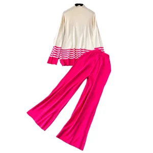 Casual Wear Women's Summer Breathable Regular Fit Crew Neck Color Blocking Knit Pullover Sweater & High-waisted Trouser Suit