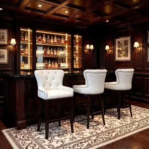 Taburete de bar de lujo vintage de tela blanca con respaldo alto para hogar y hotel