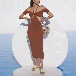 Vestido longo de verão casual, sem mangas, de malha para mulheres