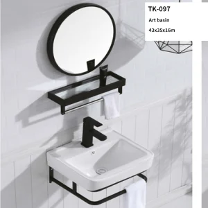 Small Wall Mounted Metal Hung White Bathroom Sink with Round Mirror