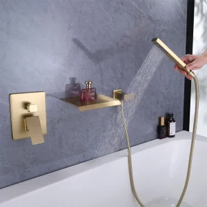 Wholesale Price Waterfall Bathroom Wall Exposed Brass Brushed Gold Finished Bath Faucet with Hand Shower