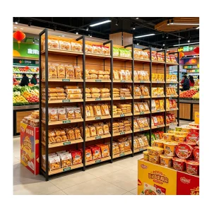 Gui Chang 40-80KG Yellow Wood Grain 4 Post Supermarket Shelf Double Sided Supermarket