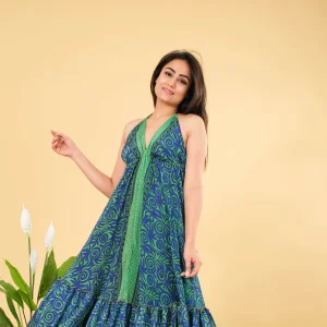 Handmade Lavinas Elegant Silk Floor-Length Maxi Dress Washable Breathable Formal Women Floral Hand Block Printed Backless V-Neck