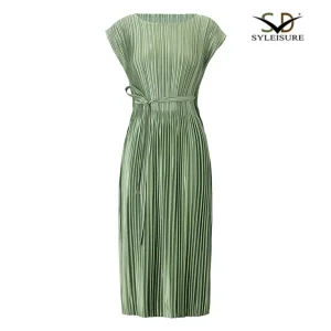High-Quality Women's Elegant Green Pleated Midi Dress – Short Sleeve Belted Dress Product, Products