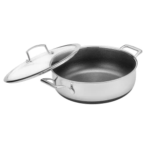 Tri-ply 304 Stainless Steel Fry Pan Cooking Saut&eacute; Pan Honeycomb Pan Soup Pot with Glass Lid and Double Ear for Kitchen Use