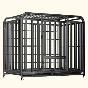 Three Side Tube Metal Dog Cage Heavy Duty Thick Wire Chewproof Easy Clean Removable Tray Rolling Wheels Indoor Outdoor Living