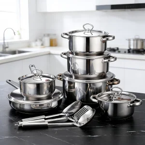 High Quality Luxury Kitchen Cookware Sets Triply Stainless Steel Gold Handle Casserole Induction Bottom 15pcs Cooking Pot Set