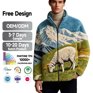 Winter Fashion Custom Camouflage Bonded Polar Fleece Stand Collar Heavyweight Warm Streetwear Jacquard Sherpa Jacket for Men