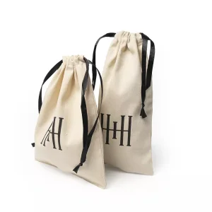 Eco Cotton Drawstring Bag Custom Ribbon Cotton Jewelry Pouch Black Organic Linen Pouch