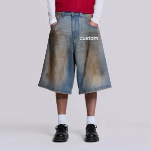 Carpenter Manufacturer Custom Logo Men′ S Acid Wash Baggy Jorts Distressed Embroidered Ripped Raw Hem Shorts