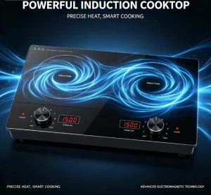 Dual Burner 2000W Induction Cooktop with Knob Control, Digital Display, Black Glass, Built-in &amp; Portable