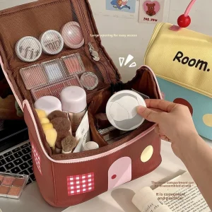 Small House Shaped Canvas Zipper Partitioned Storage Large Capacity Cartoon Design Portable Organizer Cosmetic Bag