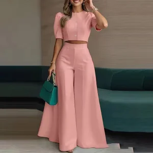 Women's Sleeveless Buttoned Crop Top Wide Leg Pants Set Formal Two Piece Suit Daily Commute Summer Breathable Eco-Friendly