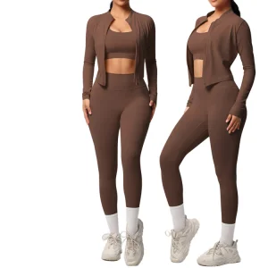 Women's Active Wear Gym Yoga Run Workout Sportswear Fitness 3PCS Clothing Sets Long Sleeve Tops Zipper Jacket High Solid Front