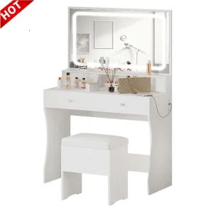 Modern White Wooden Makeup Vanity Dressing Table with LED Mirror Hot Selling Bedroom Furniture Living Room Includes Power Outlet