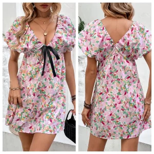 Vestidos Casuais Soltos de Verão para Mulheres, Vestido Maxi Estampado Curto com Decote em V Profundo, Sexy e Doce