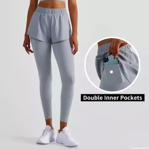 Mulheres 2 em 1 Fitness Esportes Yoga Leggings Falsas 2-Piece Leggings de Compressão Calças de Ginástica Atléticas
