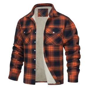 2025 Vintage Plaid Fleece Men's Jacket Long-Sleeved Single Breasted Coat XL Embroidered Plain Dyed Loose-Fitting For Spring