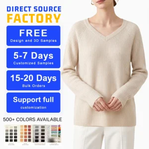 Ningxia Women's 100% Pure Cashmere V-Neck Sweater Custom Long Sleeve Solid Color Warm Knit Pullover OEM ODM