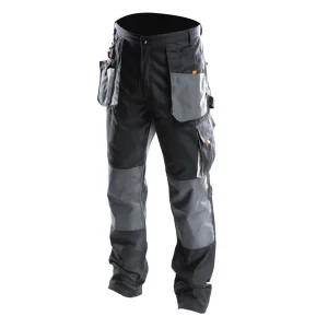 Pantalones de trabajo para hombres grises de cintura alta para exteriores con múltiples bolsillos e inserciones para rodilleras para construcción, pantalones de trabajo de poliéster, algodón y spandex de alta resistencia