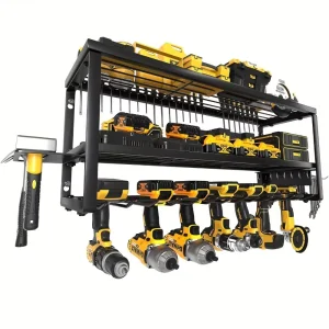 Custom Heavy Duty Power 3 Layer Tool Organizer Wall Mount Metal Garage Shelf 7 Drill Hanger Storage Rack