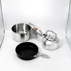 Outdoor Home Use 304 Stainless Steel Three-Piece Cooking Pot Set with Lid Portable Camping Cookware Non-Stick Frying Pan Kettle