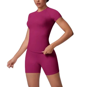 Women Tight-Fit Short Sleeve Fitness Outfit, Breathable Running and Cycling Sportswear, Slimming Workout Clothing Activewear Set