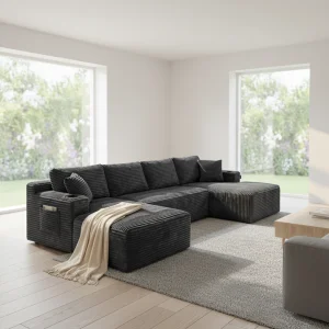 Luxury Boneless Couch U-Shaped Modular Sofa Double Chaise Three Seat Modern Sectional Sofa Corduroy Memory Foam Deep Seat
