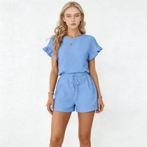 Light Blue Ruffle Top and Drawstring Shorts Set