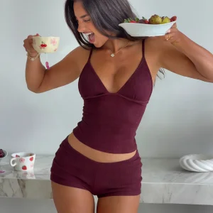 Women's 2-Piece Set Patchwork Ribbed Knit Loungewear Sexy V-Neck Camisole Skinny Above-Knee Shorts Casual Eco-Friendly
