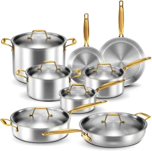 Rofee 14-Piece 5-Ply Stainless Steel Eco-Friendly Cookware Set with Fry Pan and Glass Lid for Professional Home Chefs