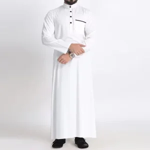 Men's Qatar Style Thobe with Stand Collar Long Robe Arabic Middle Eastern Menswear Pocket Traditional Islamic