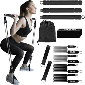 Adjustable Pilates Yoga Bar Portable Home Gym Fitness Kit with Resistance Bands