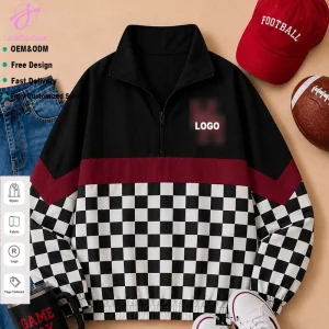 Loveda Custom Vintage Team Logo 1/4 Zip Windbreaker Checkered Leopard Print Long Sleeve Quarter Zip Jacket Embroidered Pullover