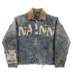 Custom Streetwear Custom Designer Vintage Jean Coats Winter Distressed Embroidered Patch Oversize Work Denim Jean Zip Jacket
