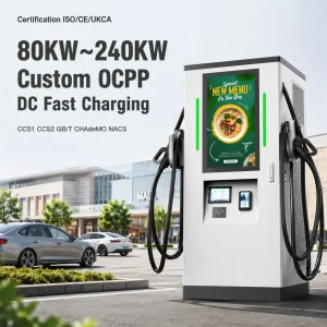 2026 محطة شحن سريعة للسيارات الكهربائية مع 80kw 120kw 240kw CCS2 مسدس مزدوج Gbt Nacs DC مع شاشة إعلانات بحجم 32/55 بوصة